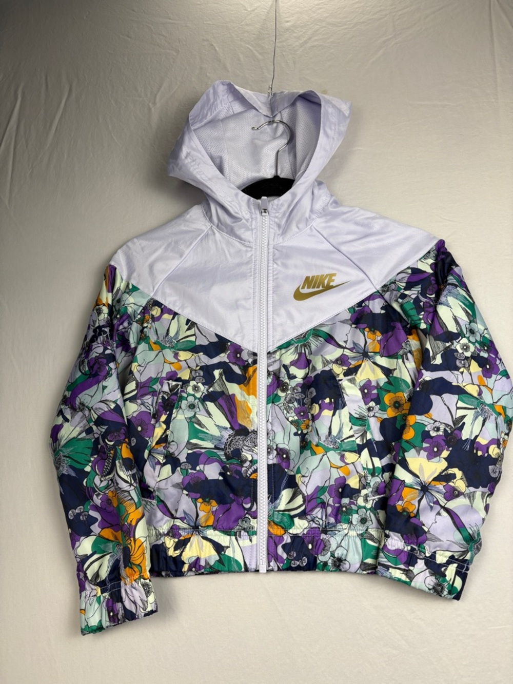 Nike Floral Windrunner Jacket Kids Small Purple Hooded Full Zip Windbreaker